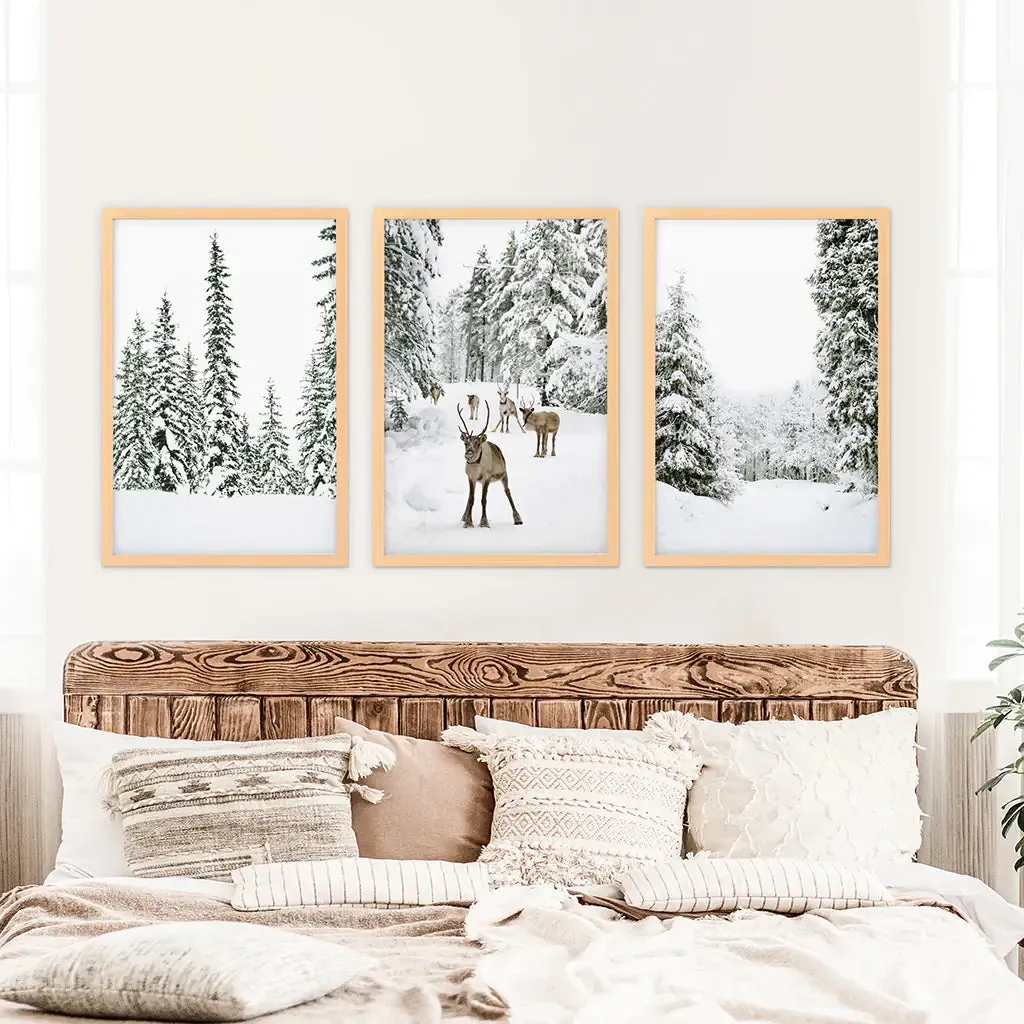 3 Piece Winter Landscape Wall Art. Snowy Pine Forest, Fawn