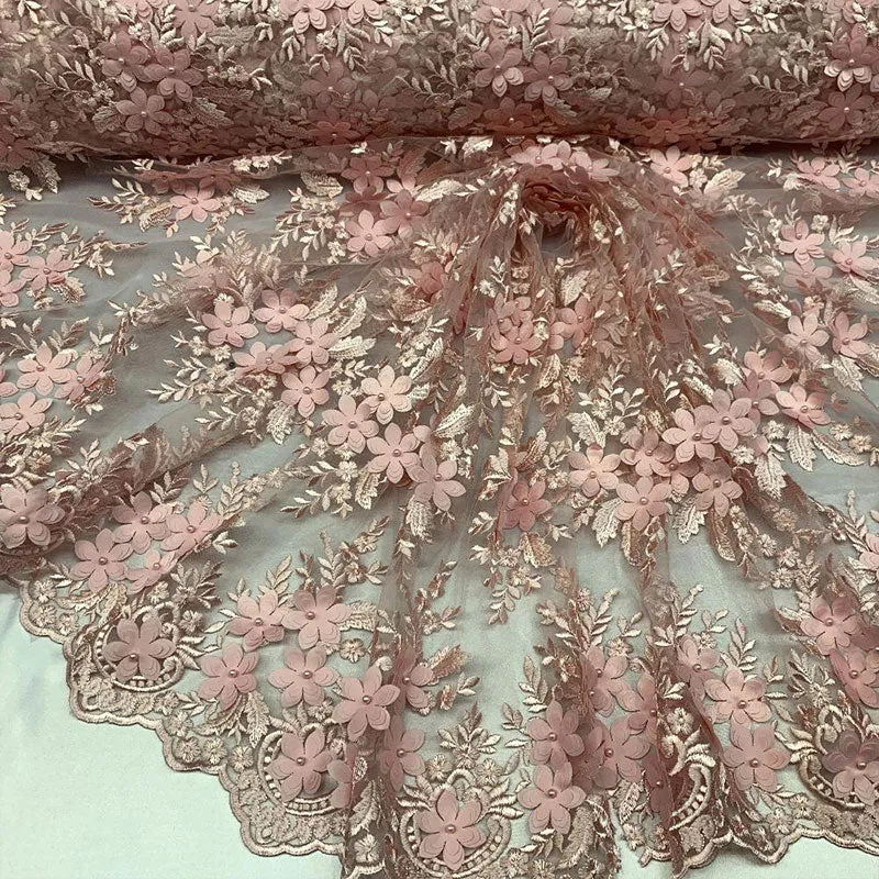 3D Flowers Embroidered Bridal Beaded Mesh Lace Wedding Fabric