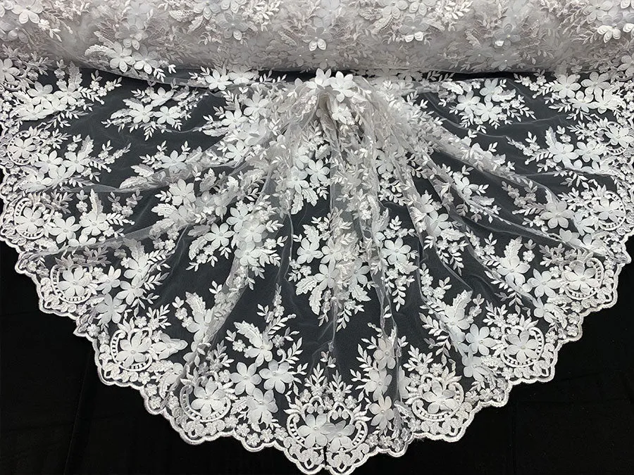 3D Flowers Embroidered Bridal Beaded Mesh Lace Wedding Fabric