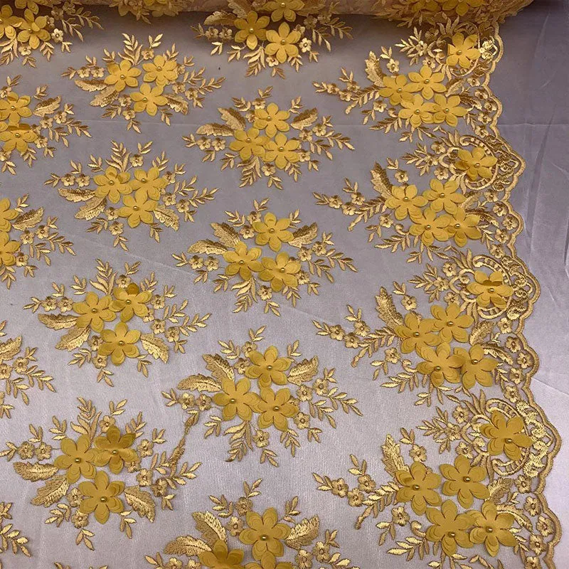 3D Flowers Embroidered Bridal Beaded Mesh Lace Wedding Fabric