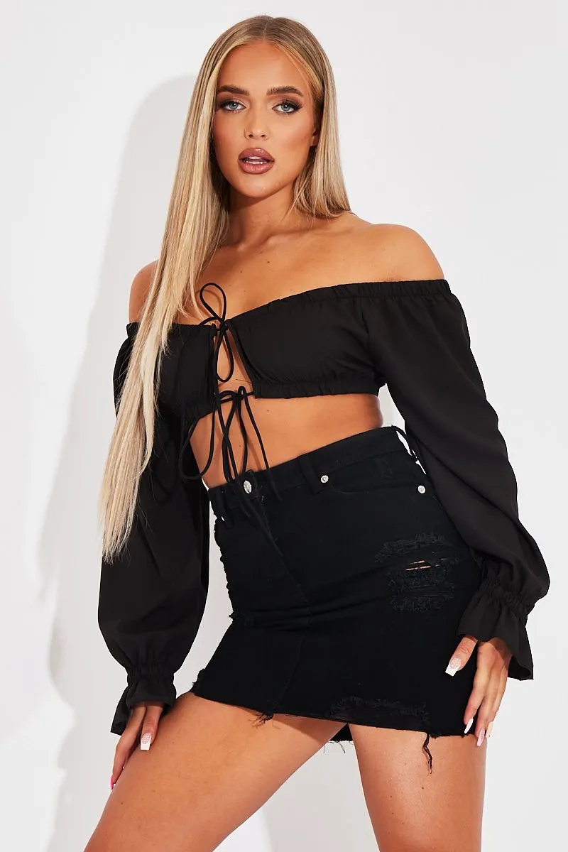 Black Bardot Puff Sleeve Tie Crop Top - Kariel