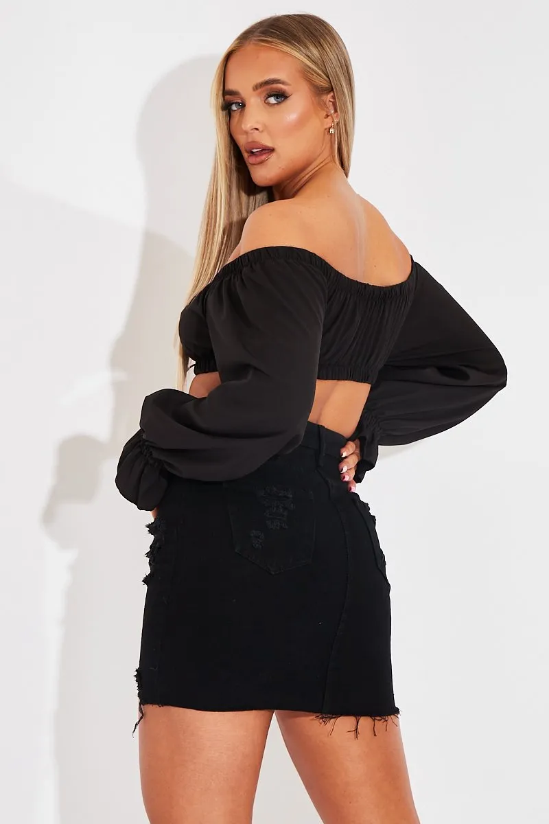 Black Bardot Puff Sleeve Tie Crop Top - Kariel