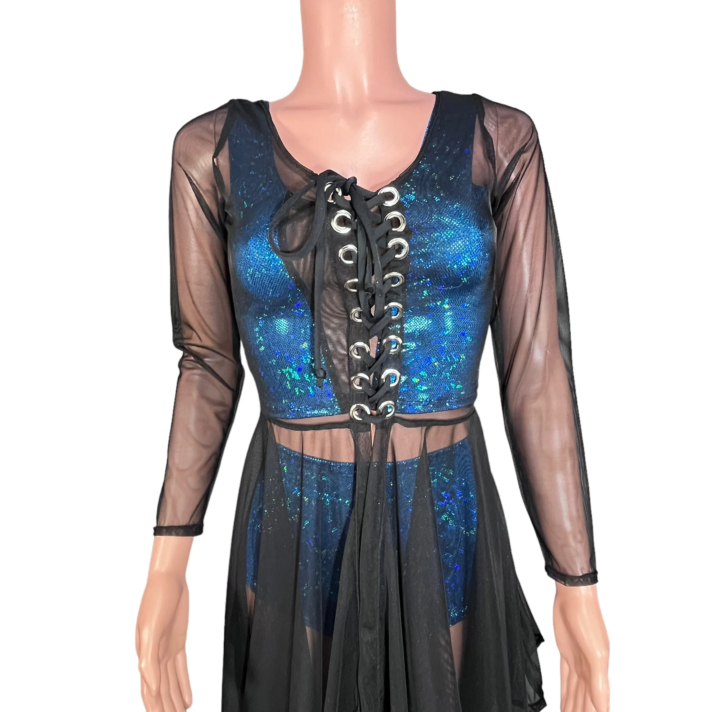 Black Mesh Lace-Up Open-Front Asymmetrical Dress Long Sleeve - Sheer Rave Dress