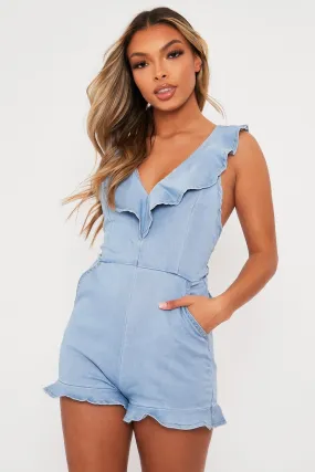 Blue Denim Frill V Neck Backless Playsuit - Ginna