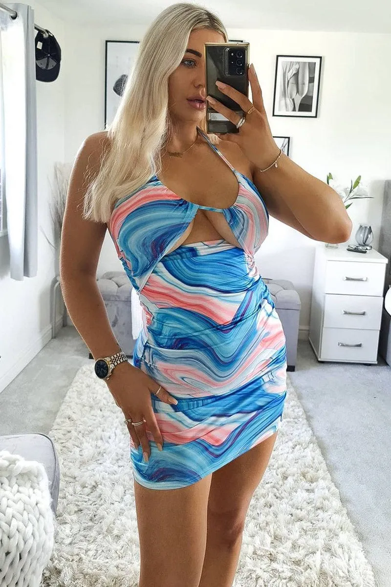 Blue Marble Print Cut Out Mini Dress - Kaydee