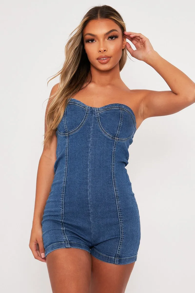 Blue Strapless Cupped Denim Playsuit - Mandi