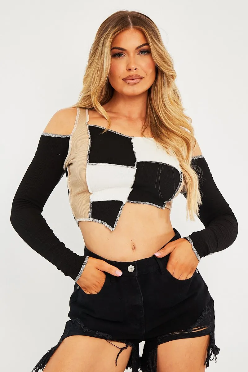 Camel Colour Block Off Shoulder Crop Top - Lanae