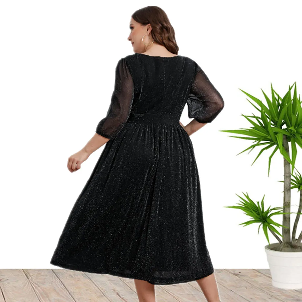 Casual High Waist V-Neck A-Line Midi Dress Wholesale Plus Size Clothing