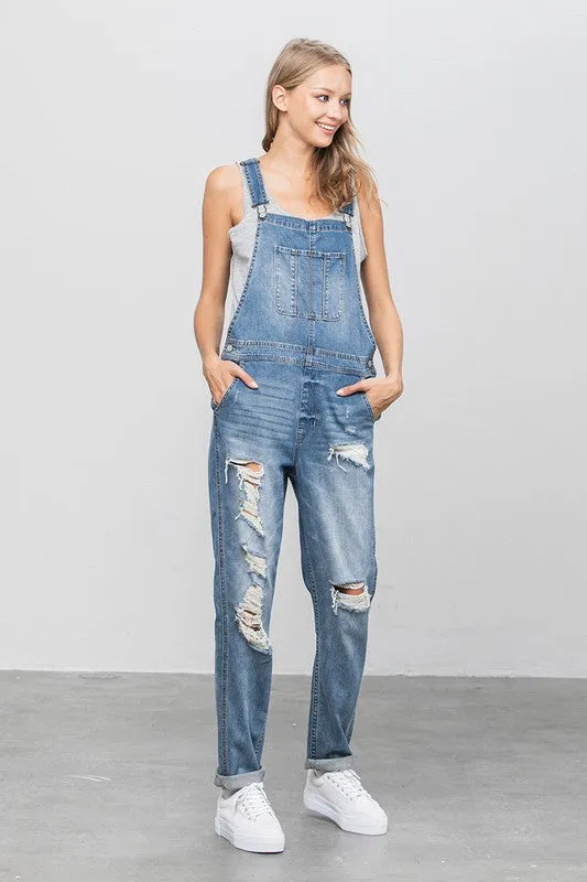 Denim Distressed Overalls