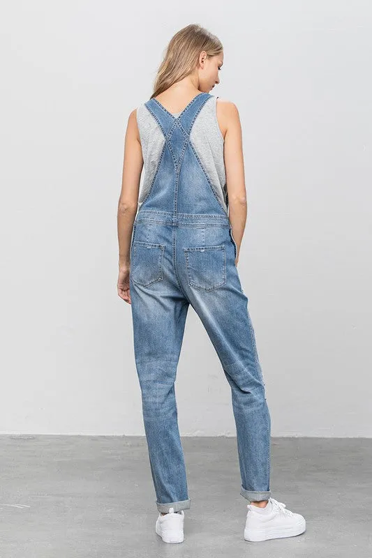 Denim Distressed Overalls