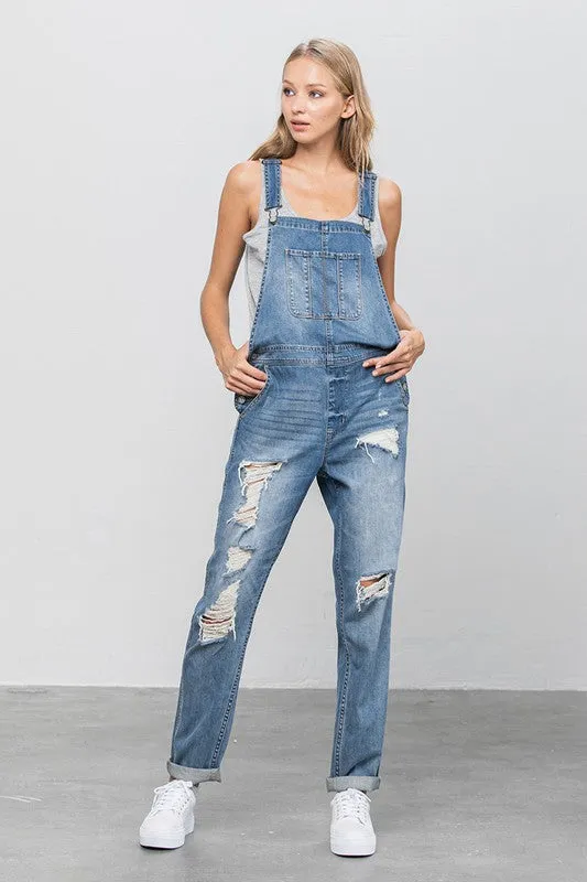 Denim Distressed Overalls