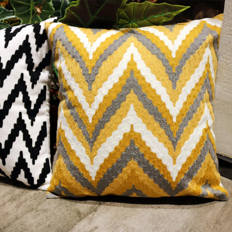 Embroidered Yellow and Grey Throw Cushion