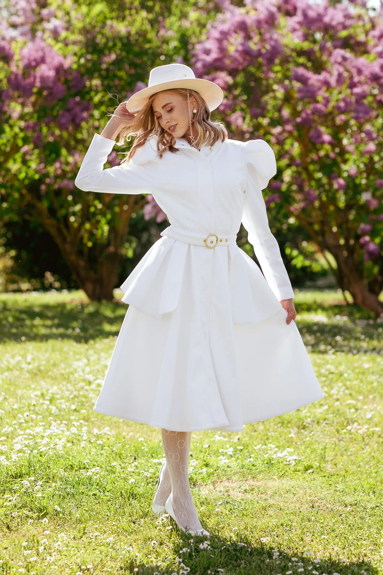 Fitted and Flared Coat with Balloon-Styled Sleeves in White | 'Majestic White'