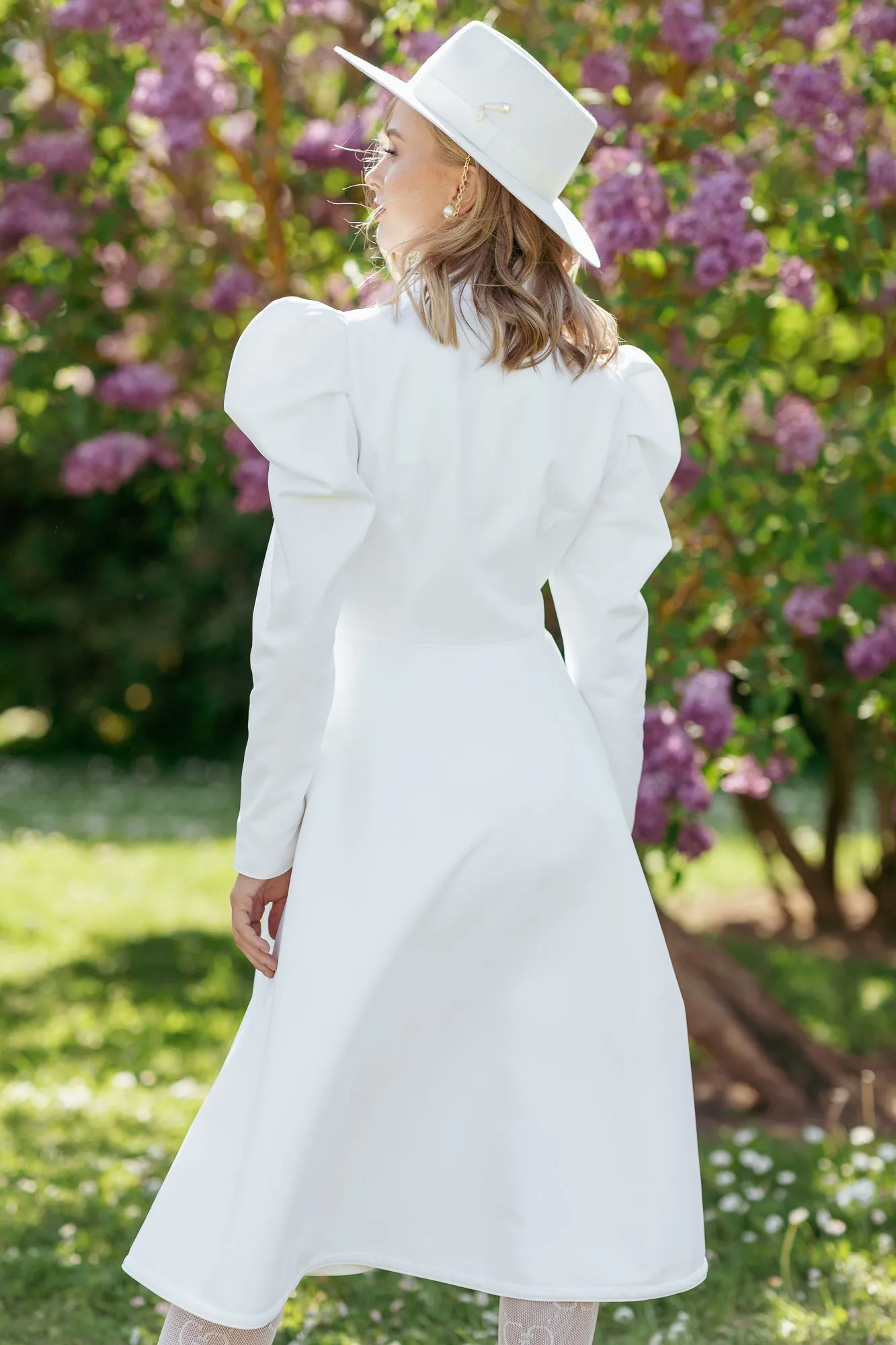 Fitted and Flared Coat with Balloon-Styled Sleeves in White | 'Majestic White'