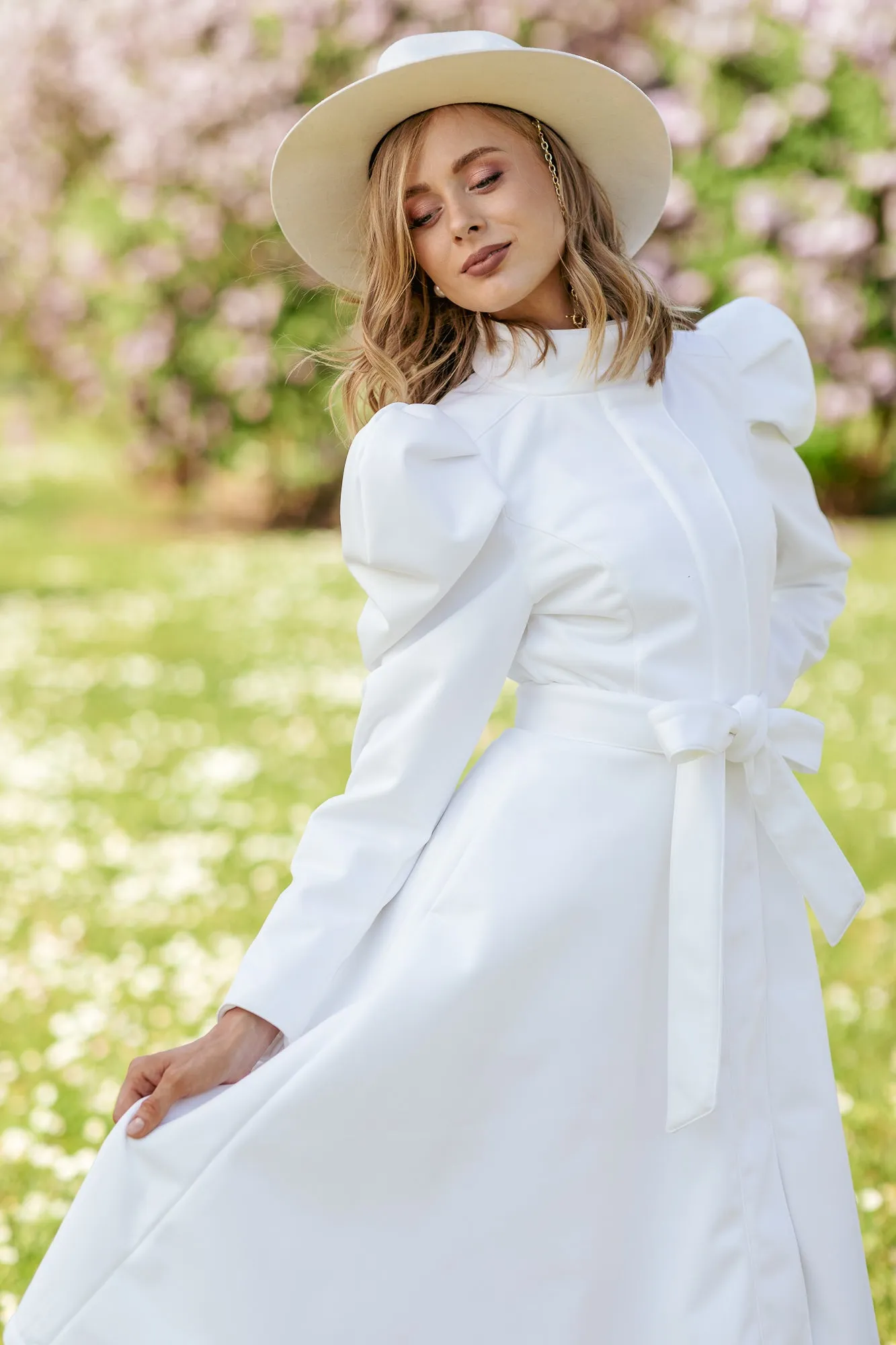 Fitted and Flared Coat with Balloon-Styled Sleeves in White | 'Majestic White'