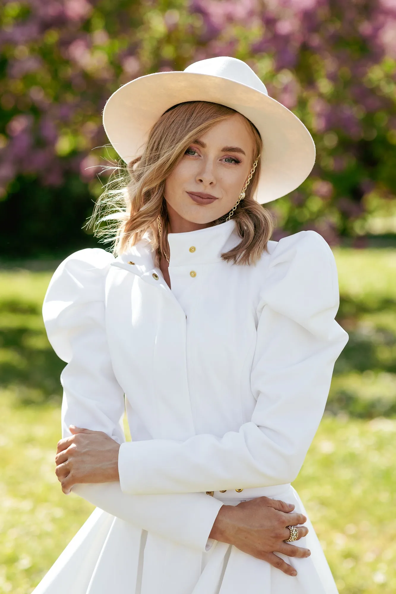 Fitted and Flared Coat with Balloon-Styled Sleeves in White | 'Majestic White'