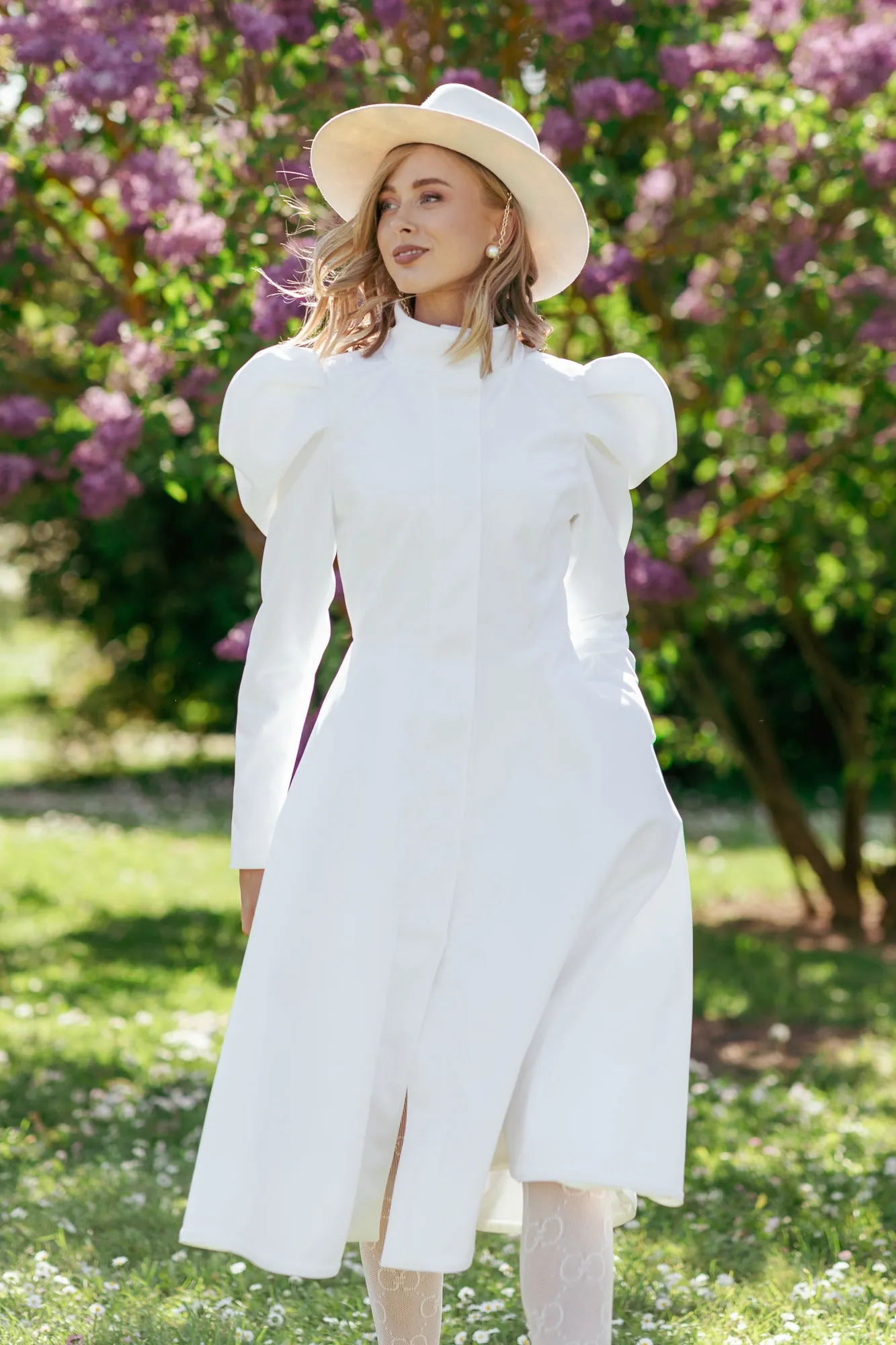 Fitted and Flared Coat with Balloon-Styled Sleeves in White | 'Majestic White'