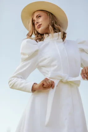 Fitted and Flared Coat with Balloon-Styled Sleeves in White | 'Majestic White'