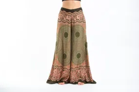 Geometric Mandalas Straight Cut Wide Leg Palazzo with Elastic Back Waistband in Olive