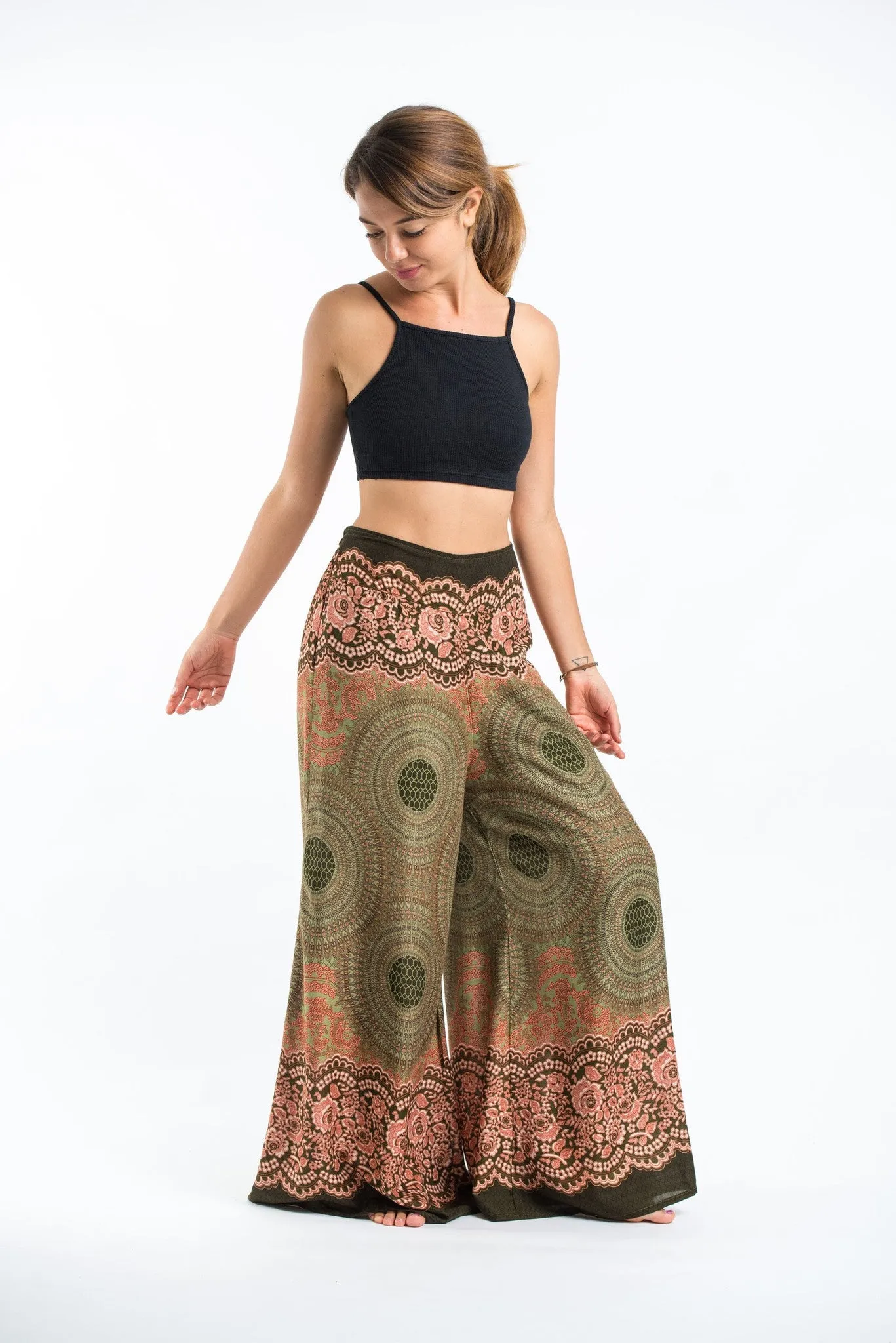 Geometric Mandalas Straight Cut Wide Leg Palazzo with Elastic Back Waistband in Olive