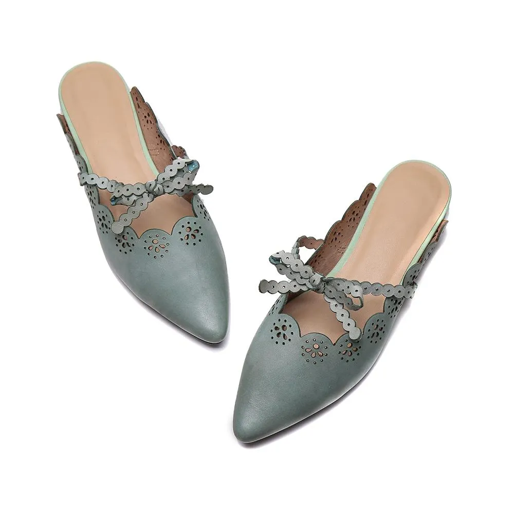 Handmade Mules Women Cow Leather Bow-Knot Low Heel Pointed Toe Slip On Lady Flat Shoes Outside Slippers