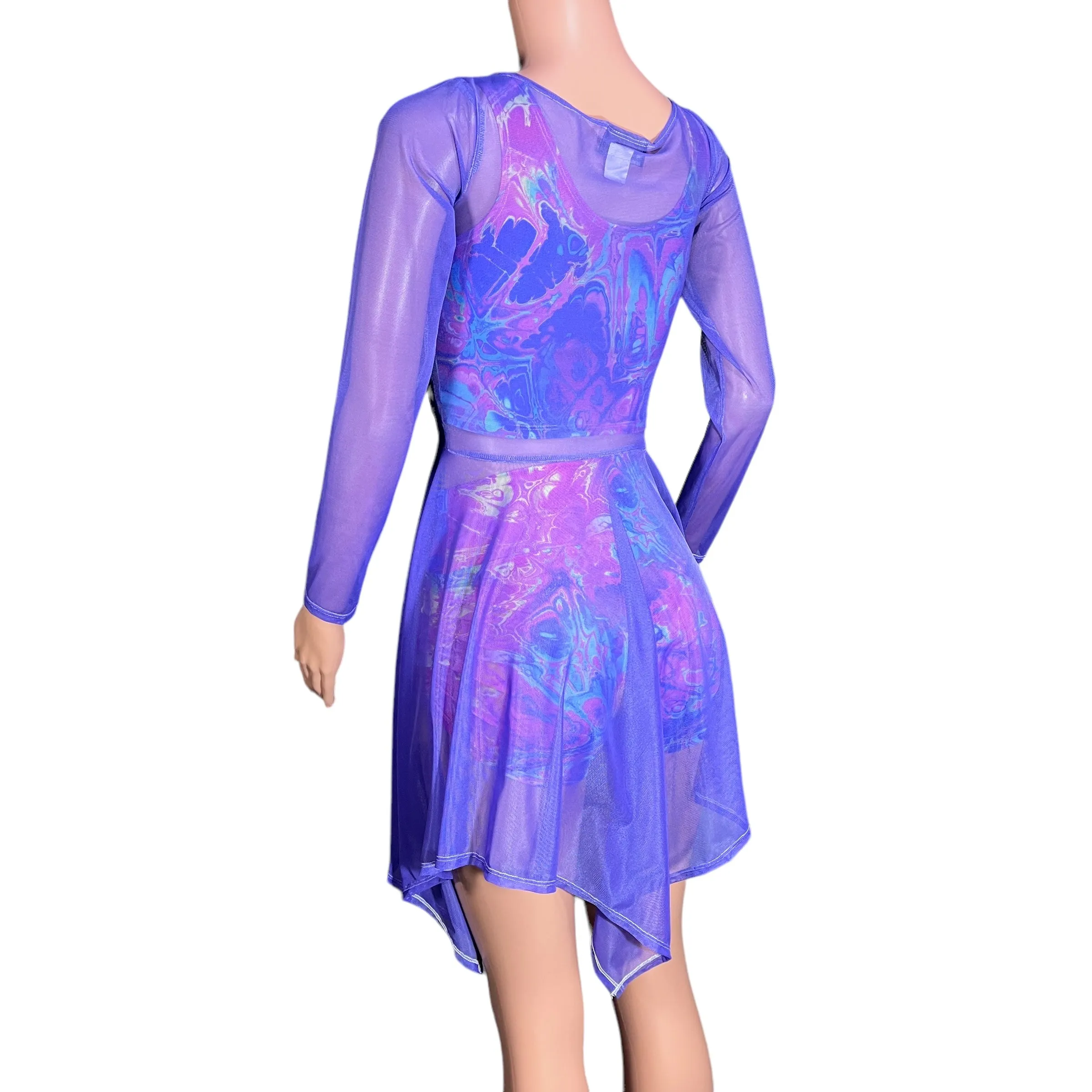 Lavender Purple Mesh Long Sleeve Lace-Up Open-Front Asymmetrical Dress - Sheer Rave Dress