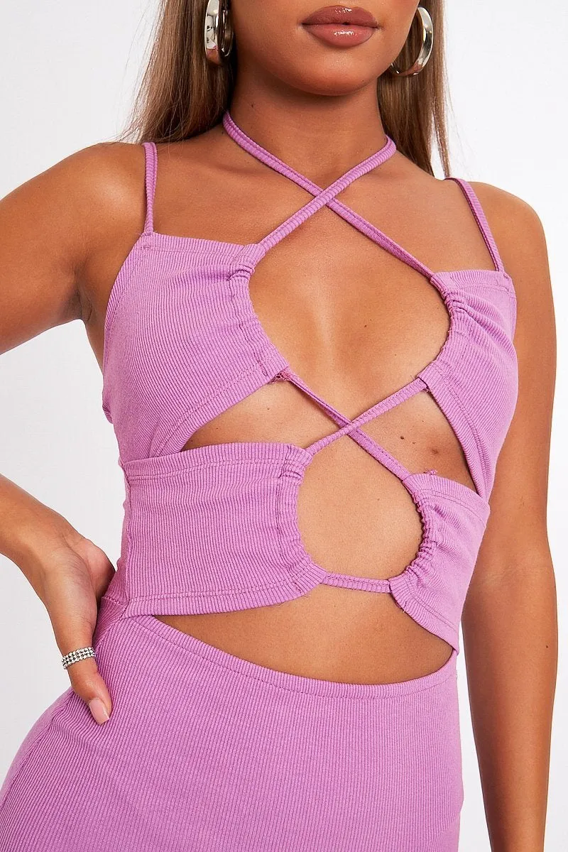 Lilac Front Cut Out Ribbed Mini Dress - Holy