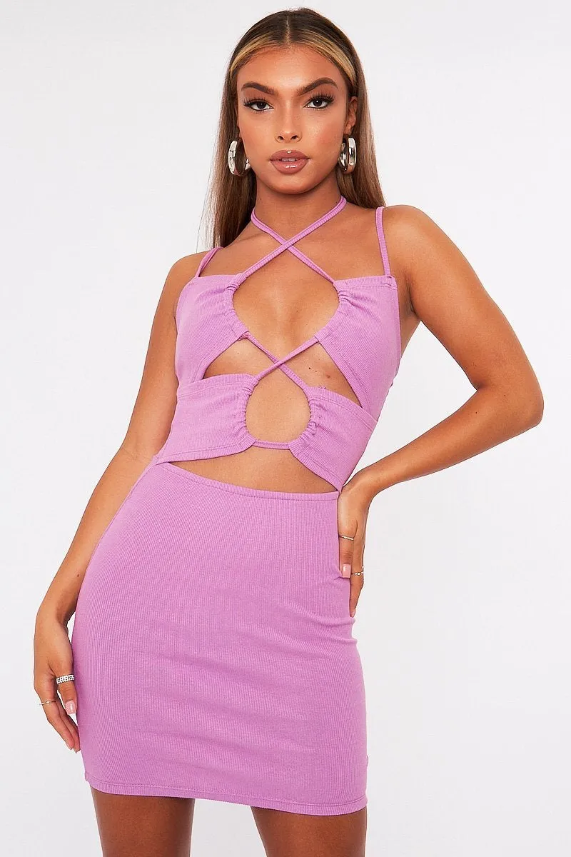 Lilac Front Cut Out Ribbed Mini Dress - Holy