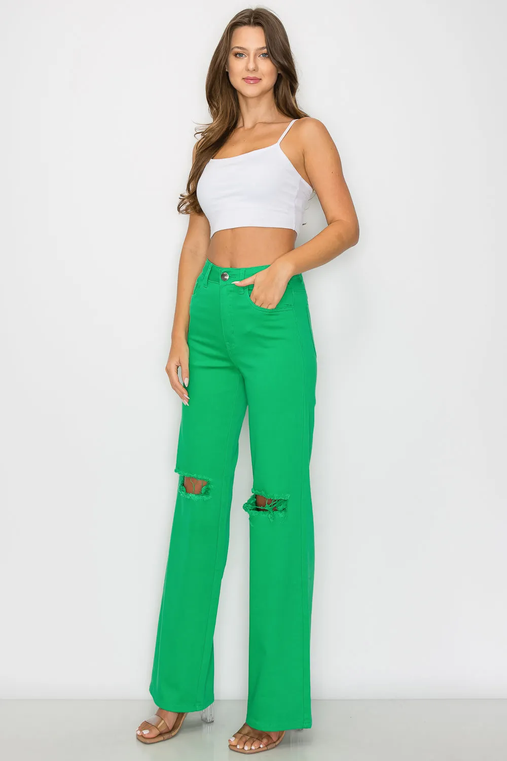 LVB-230 GREEN HIGH WAISTED SUPER-STRETCH COLORED WIDE LEG JEANS