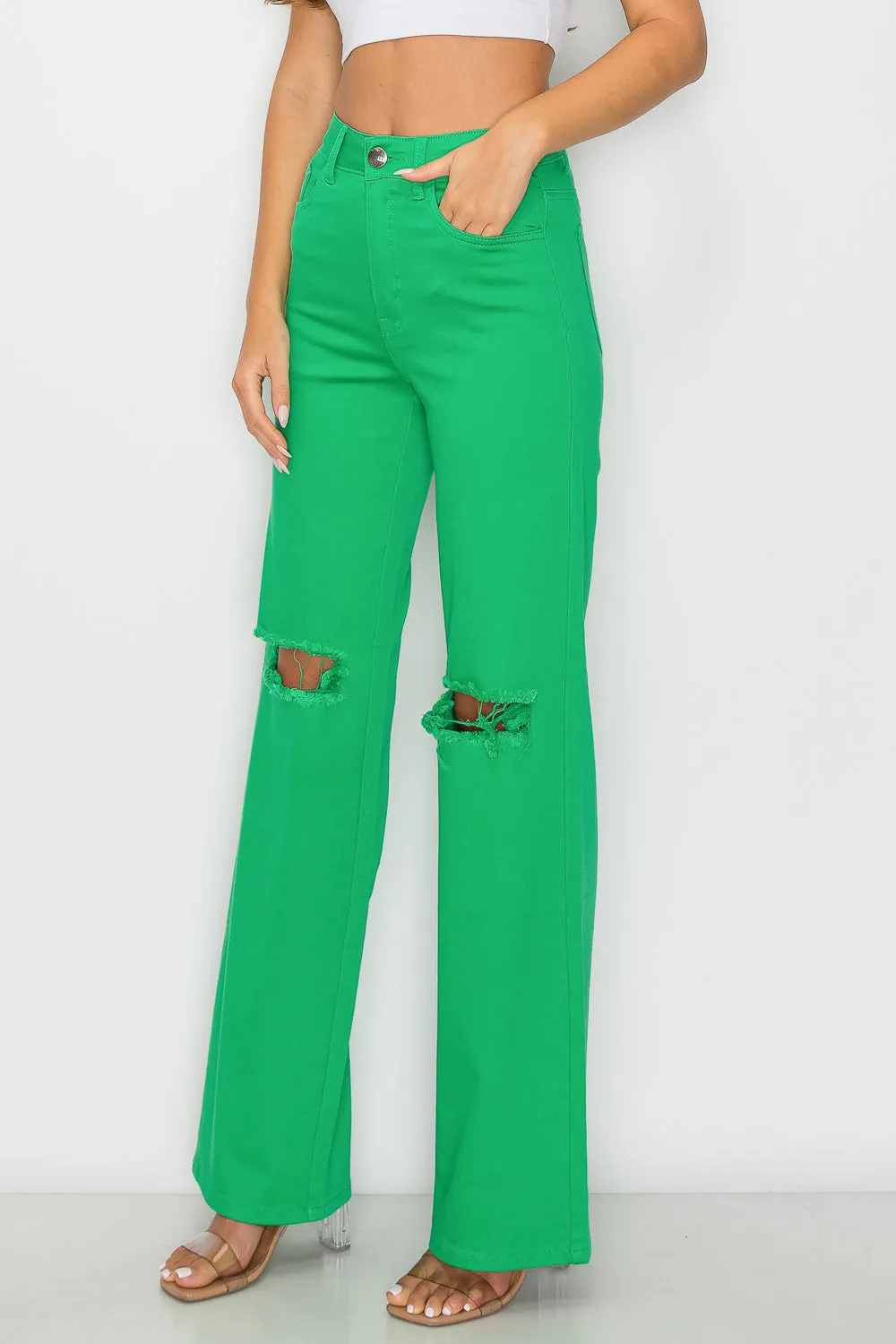 LVB-230 GREEN HIGH WAISTED SUPER-STRETCH COLORED WIDE LEG JEANS