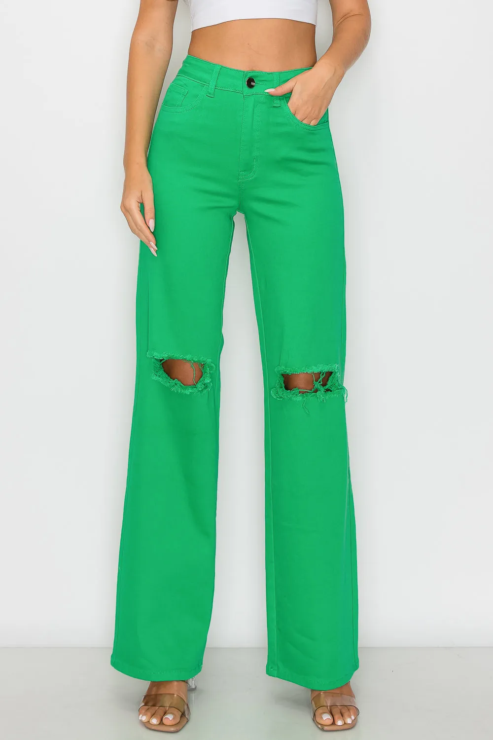 LVB-230 GREEN HIGH WAISTED SUPER-STRETCH COLORED WIDE LEG JEANS