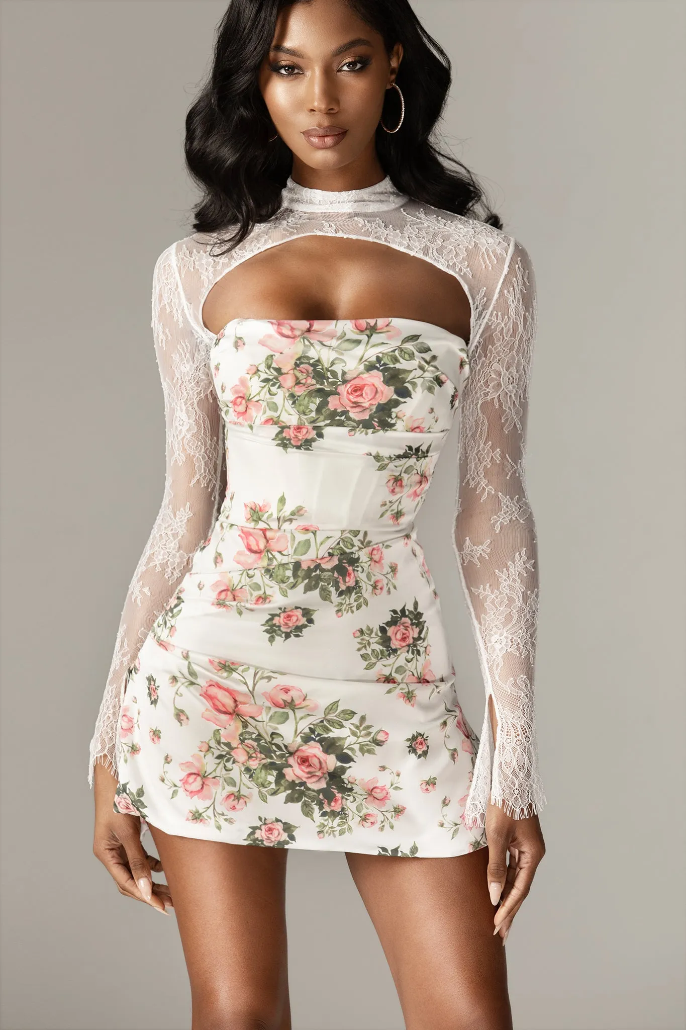 Maya Draped Corset Mini Dress (Rose Print)