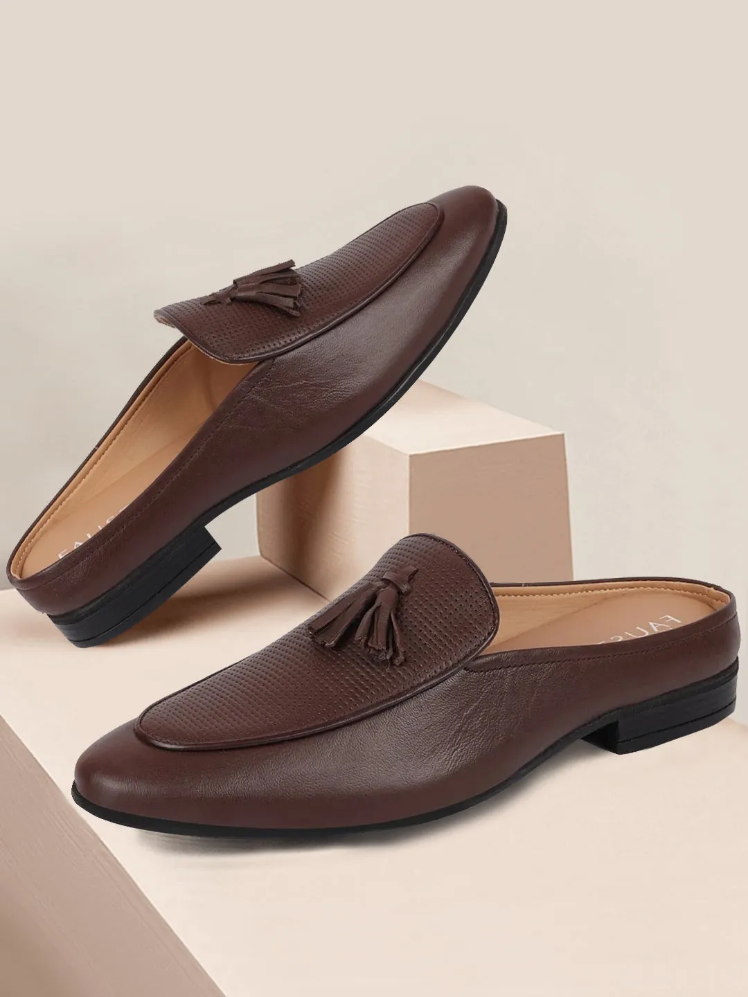 Men Brown Back Open Tassle Leather Slip On Shoes