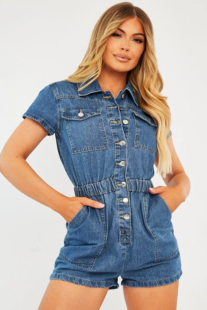 Mid Blue Button Front Denim Playsuit - Briasia