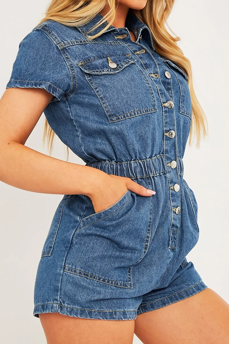 Mid Blue Button Front Denim Playsuit - Briasia