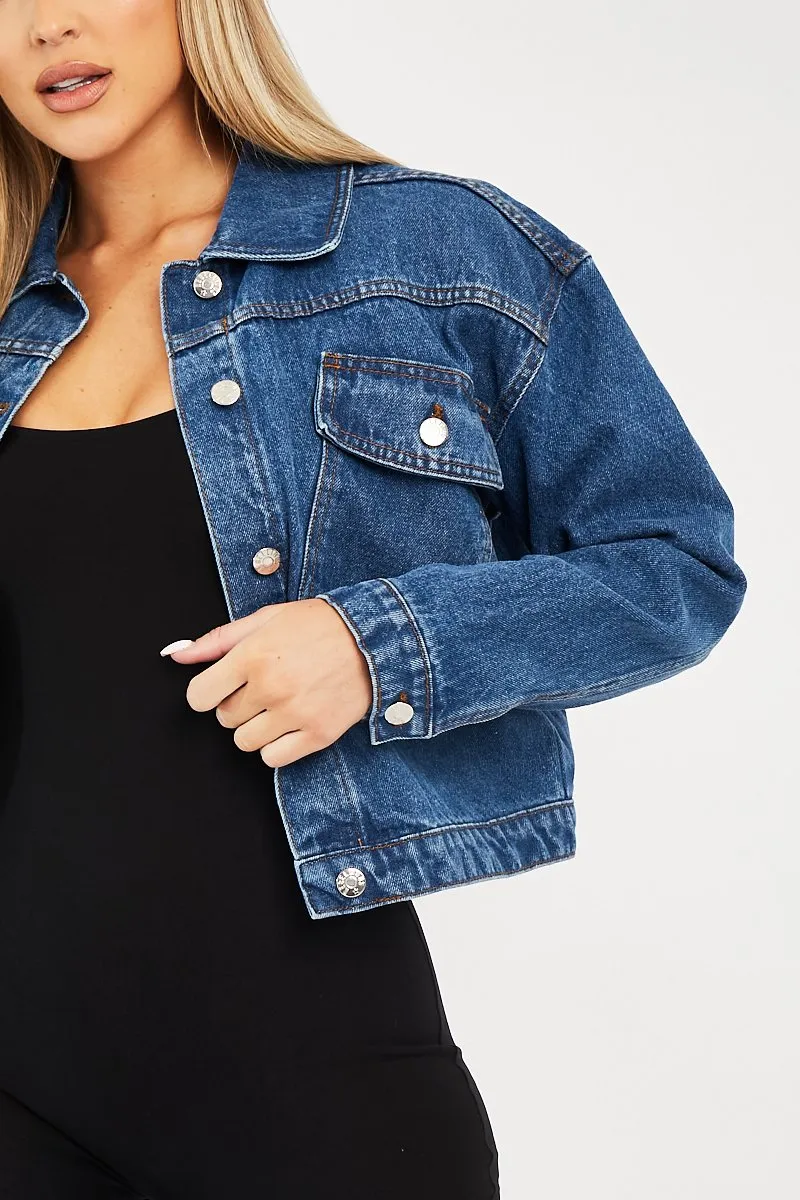 Mid Blue Pocket Cropped Denim Jacket - Cerise