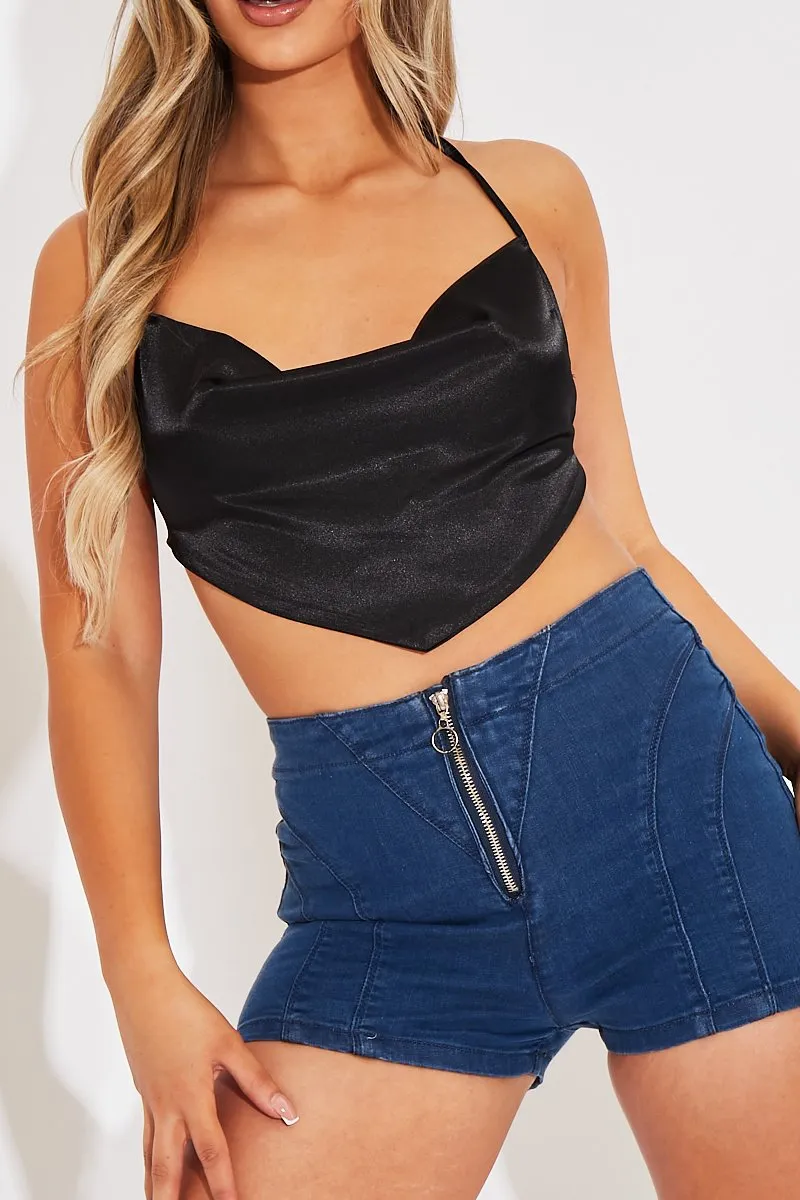 Mid Blue Zip Front Denim Hot Pant Shorts - Rhea