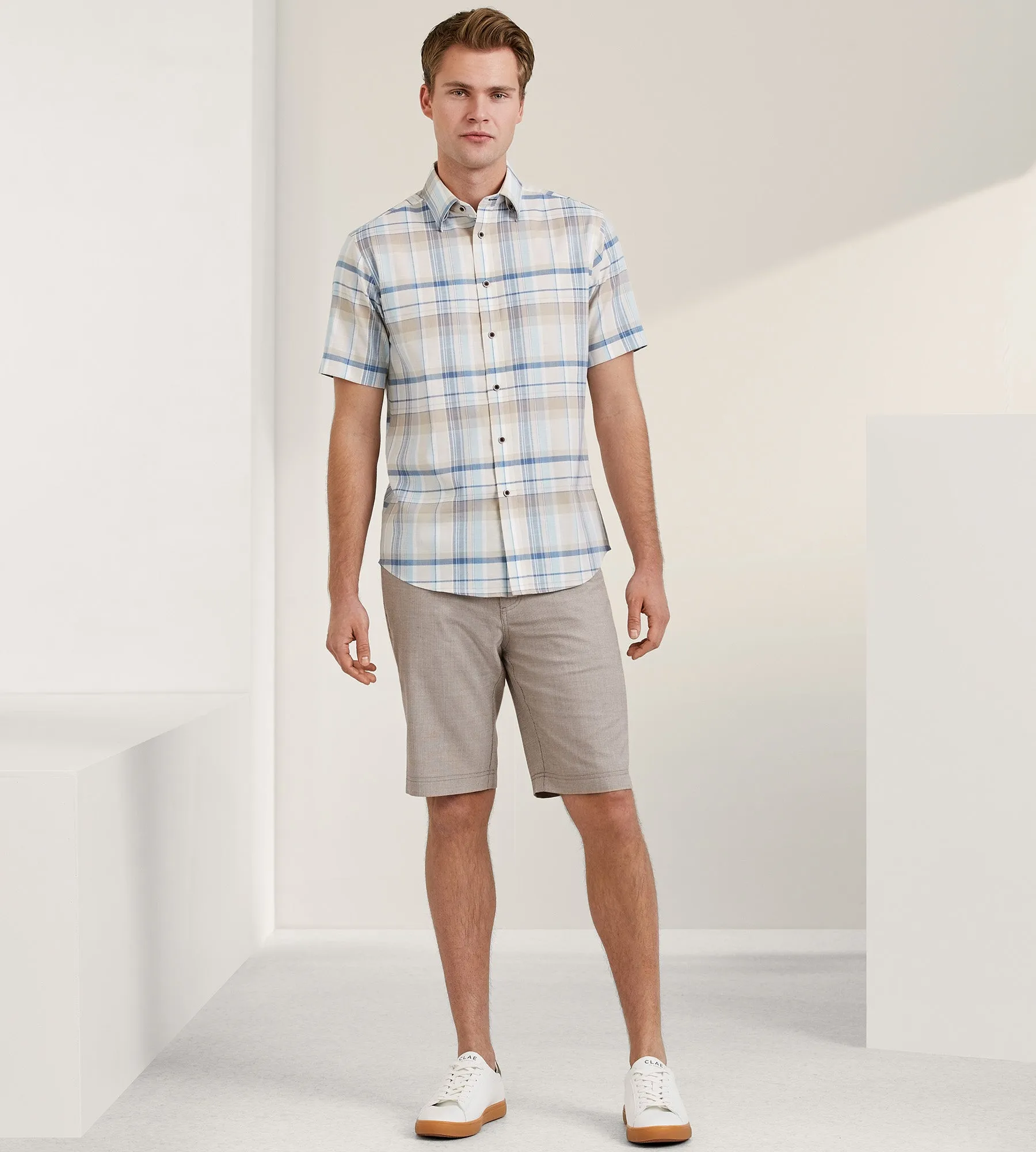 Modern Fit Short Sleeve Textured Linen-Like Plaid Sport Shirt