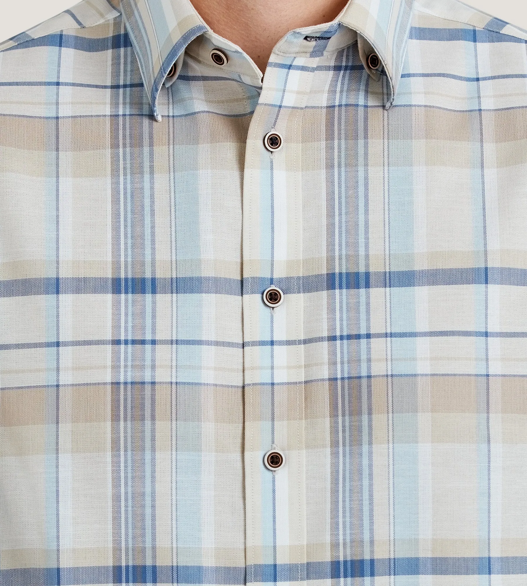 Modern Fit Short Sleeve Textured Linen-Like Plaid Sport Shirt