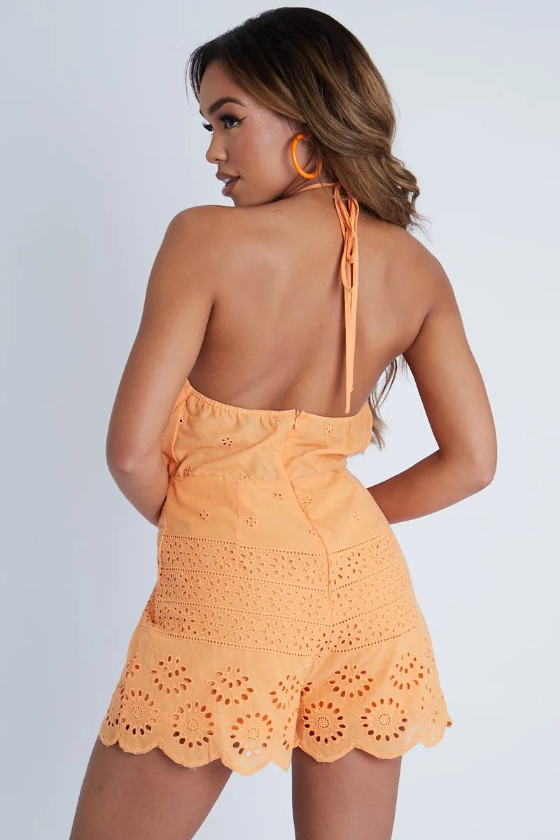 Orange Broderie Anglaise Halter Neck Backless Playsuit - Dalya