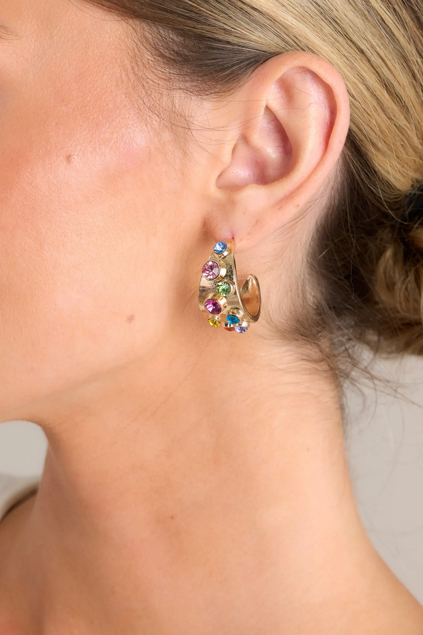 Radiant Jewel Gold Multi Rhinestone Hoop Earrings