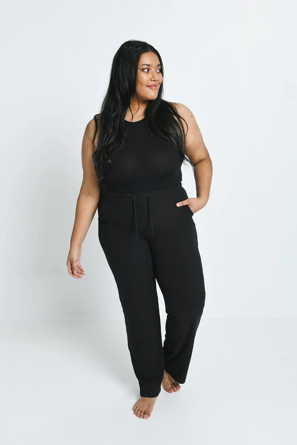 Ribbed Wide Leg Trousers - Black