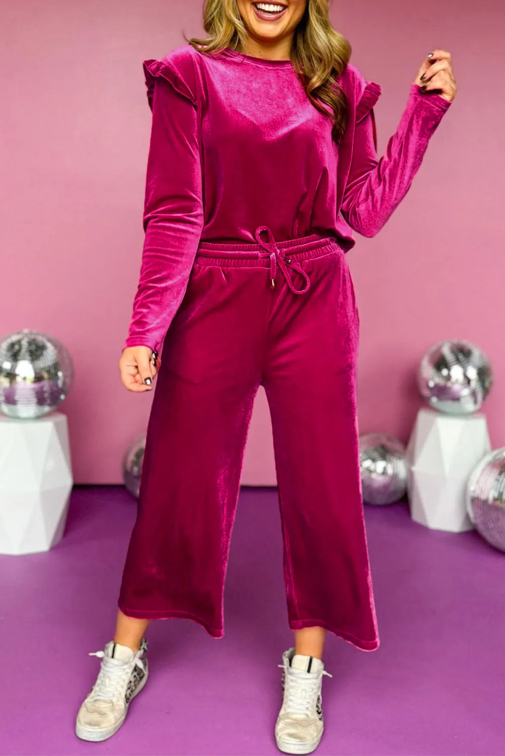 Rose Red Solid Velvet Ruffled Two Piece Pants Set