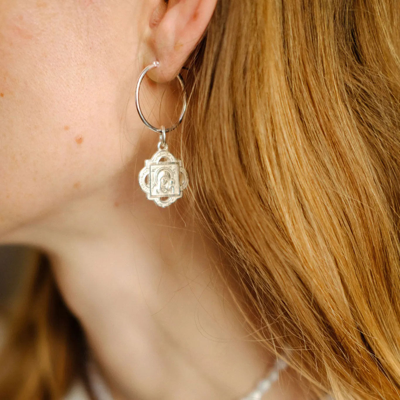 Silver Hoop Earrings with Fertility Figurine and Madonna and Child pendant