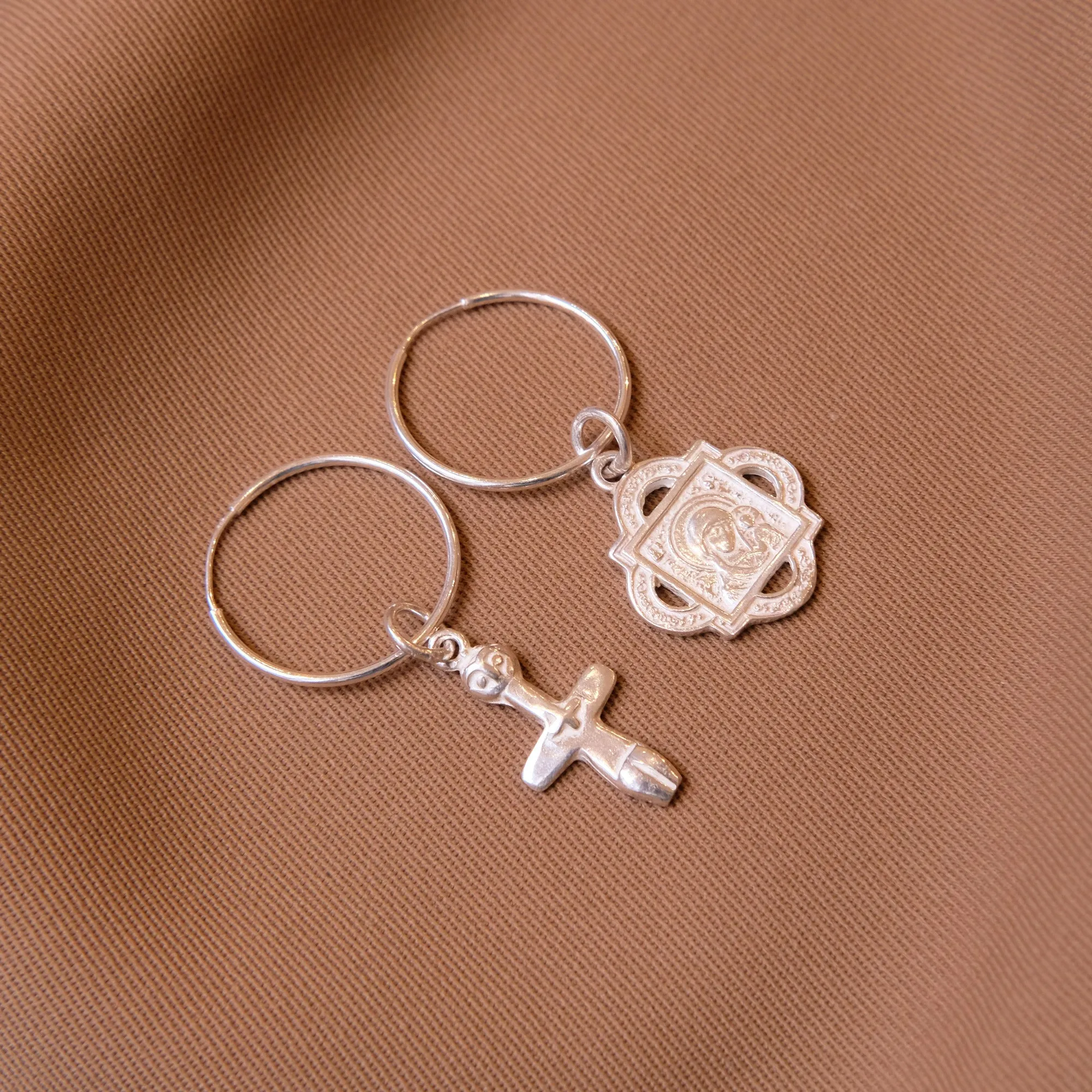 Silver Hoop Earrings with Fertility Figurine and Madonna and Child pendant