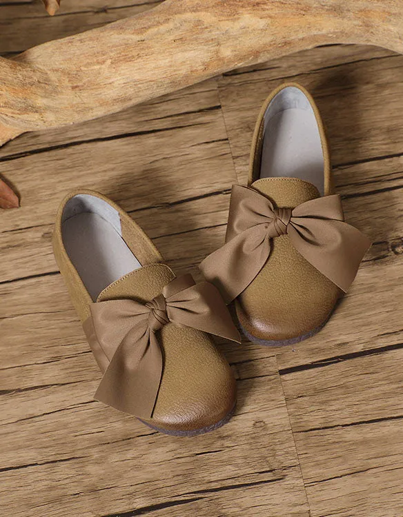 Soft Leather Round Head Bowknot Retro Flat Shoes