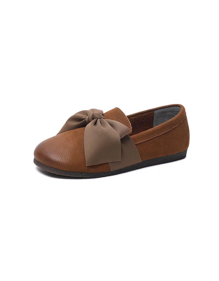 Soft Leather Round Head Bowknot Retro Flat Shoes