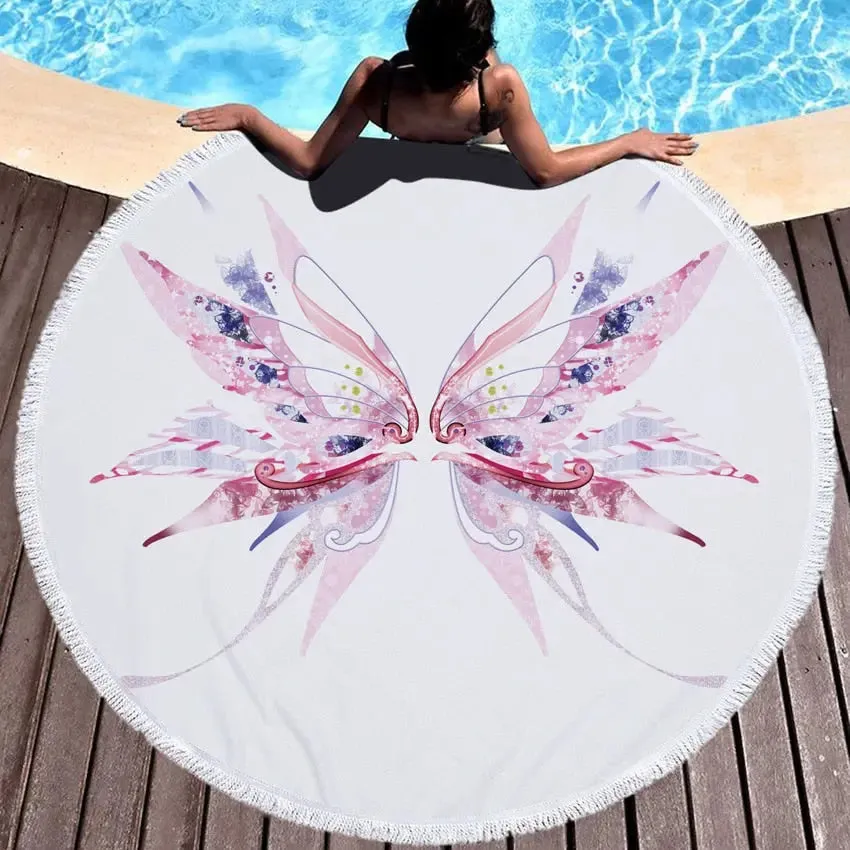 Summer Microfiber Round Beach Towel | Circle Fairy Cupid Wings Print | Shower, Bath, Yoga Mat, and Blanket | Stylish and Versatile