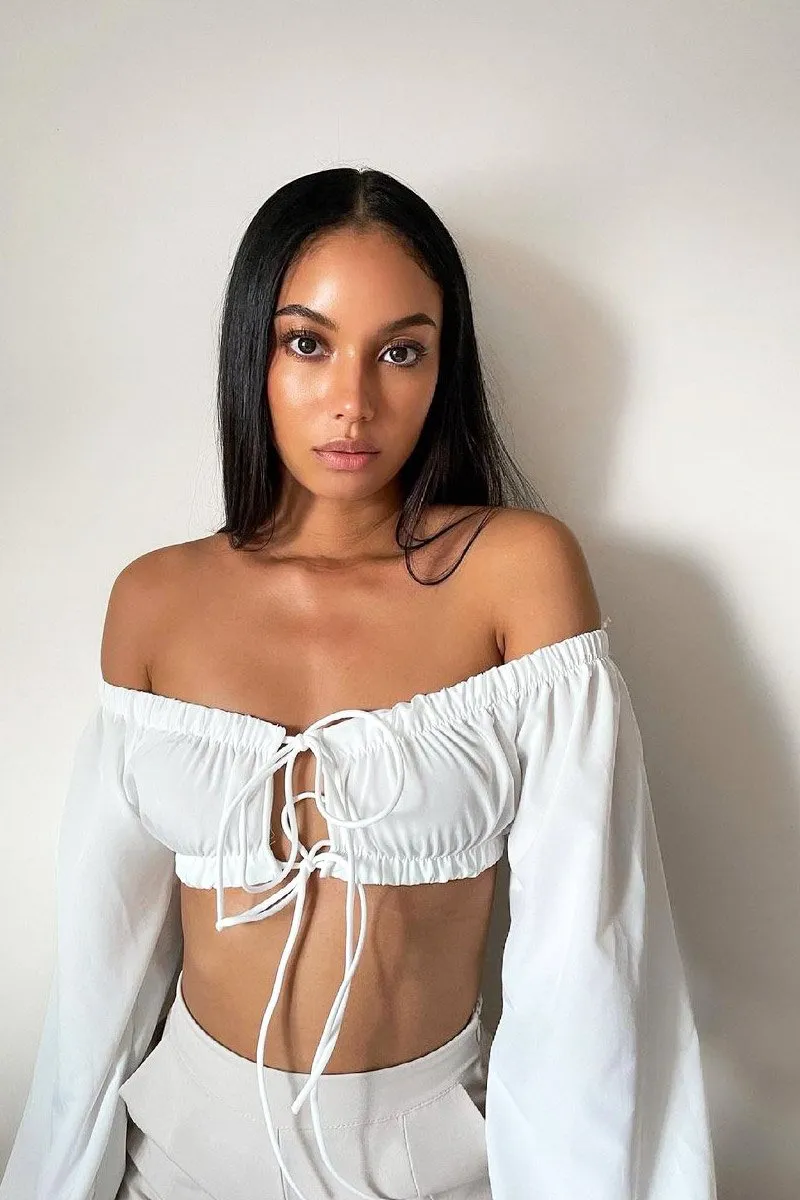 White Bardot Puff Sleeve Tie Crop Top - Kariel