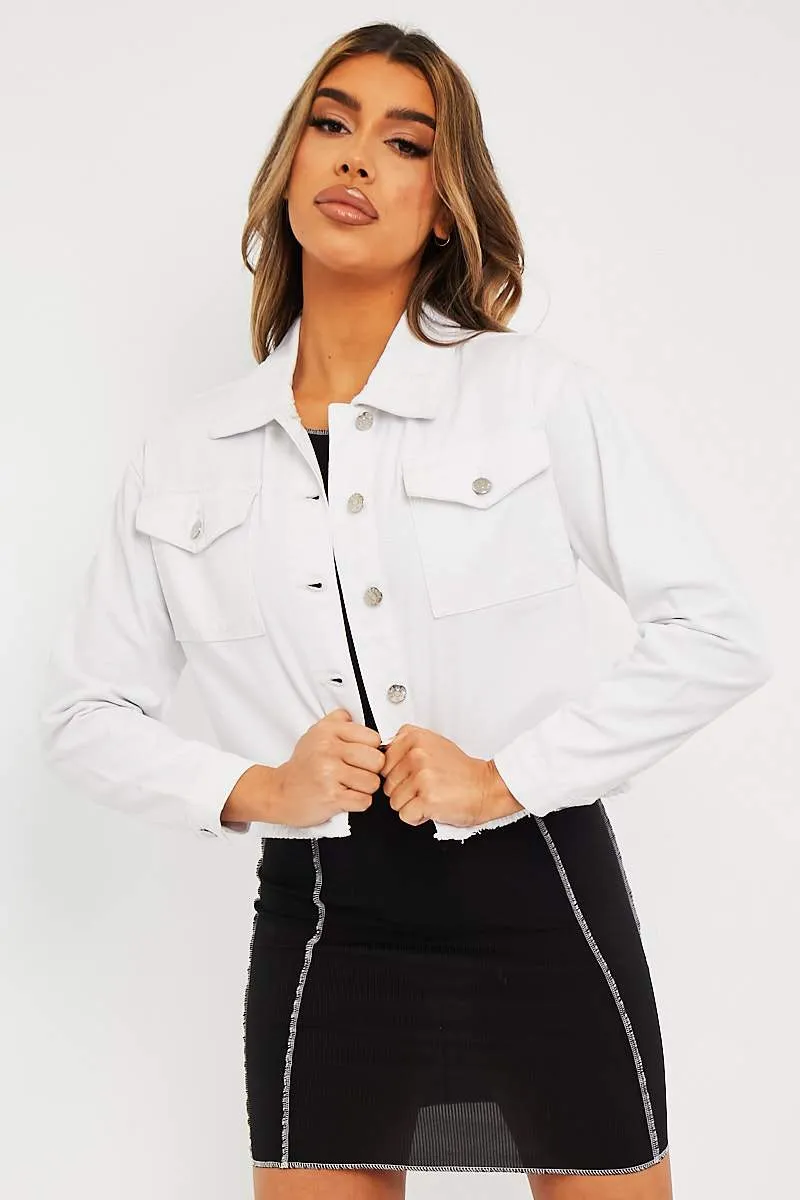 White Frayed Hem Cropped Denim Jacket - Caryn